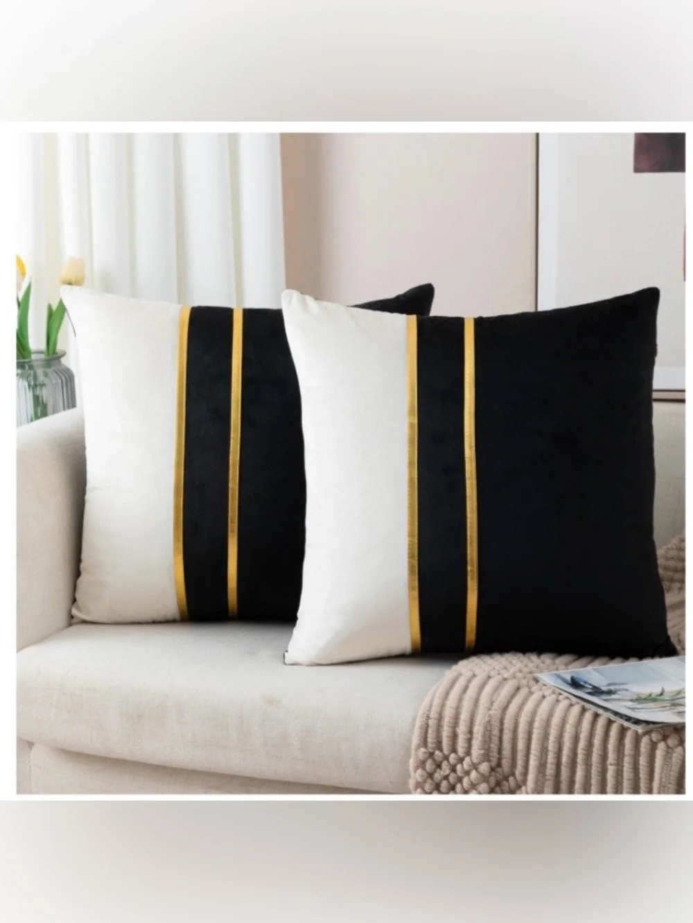VELVET Geometric Decorative Pillow Covers w LEATHER GOLD STRIPE 18x18” (2-pack)